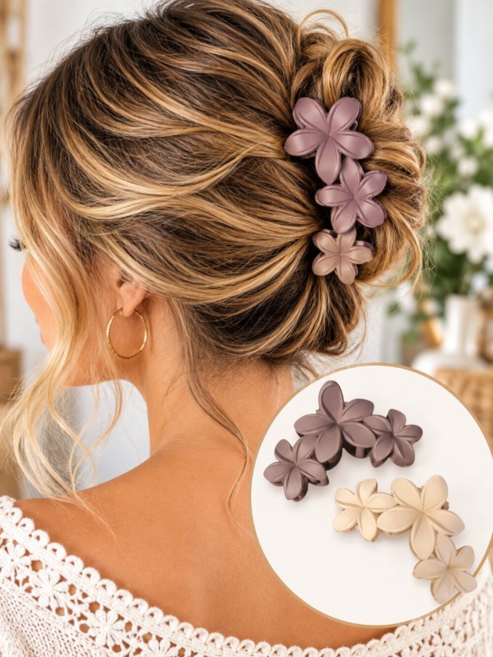 Floral Hair Clips Cream Brown Flower Barrettes Boutique NWOT 4"